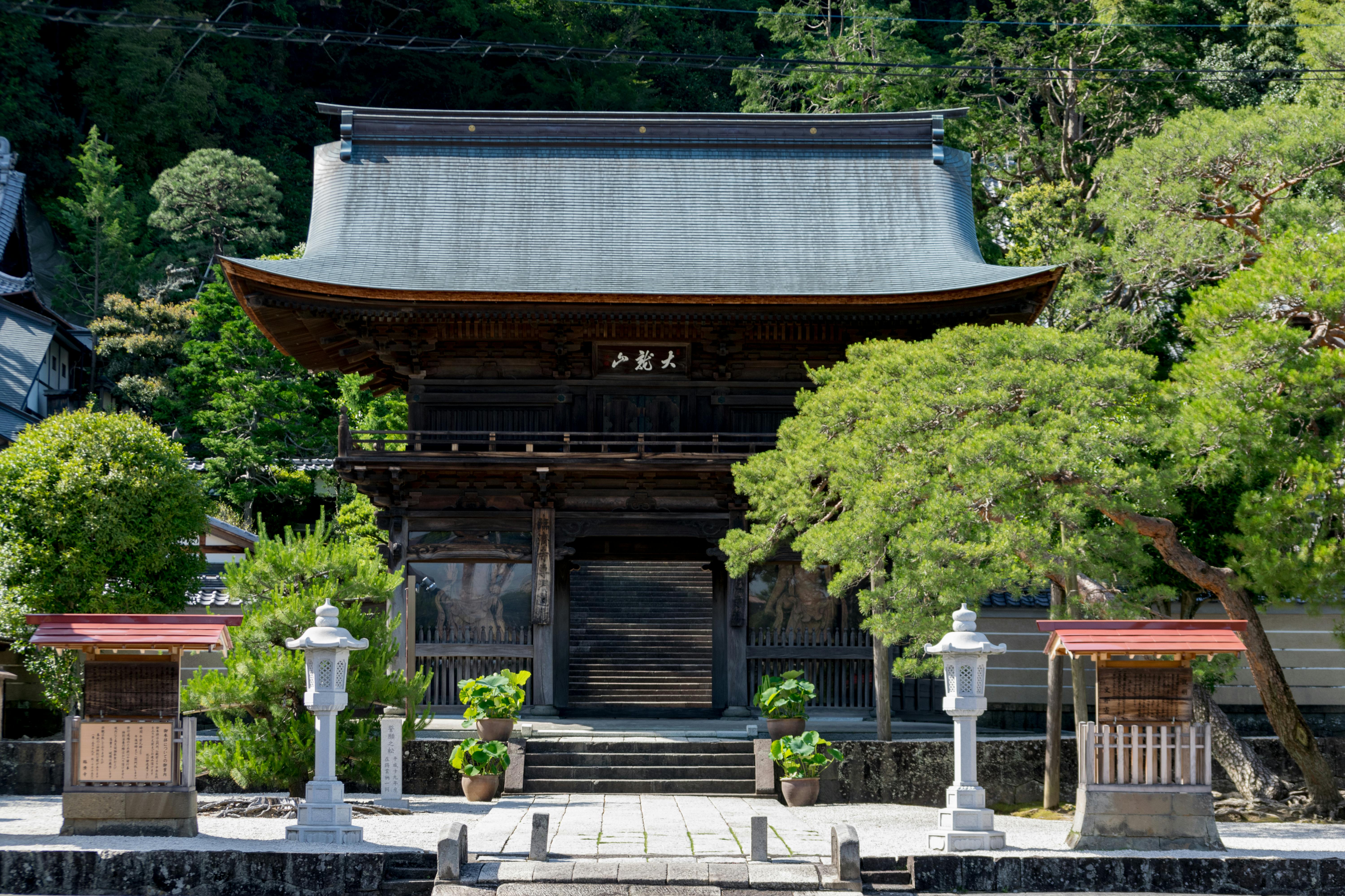 A traditional Japanese temple gate with a curved roof is surrounded by trees, stone lanterns, and wooden signboards on a sunny day.