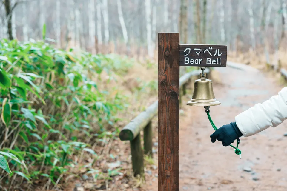 Bear Bell A trail in a forest with a wooden post featuring a sign in Japanese and English reading "Bear Bell." A gloved hand is ringing the metal bell attached by a green rope. The path is lined with greenery and wooden railings, stretching into the background.