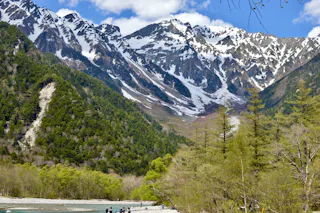 A beautiful landscape featuring a majestic mountain range with snow-covered peaks under a blue sky. A lush green forest stretches at the base of the mountains, with a river flowing through it. People can be seen walking by the riverbank, enjoying the view.