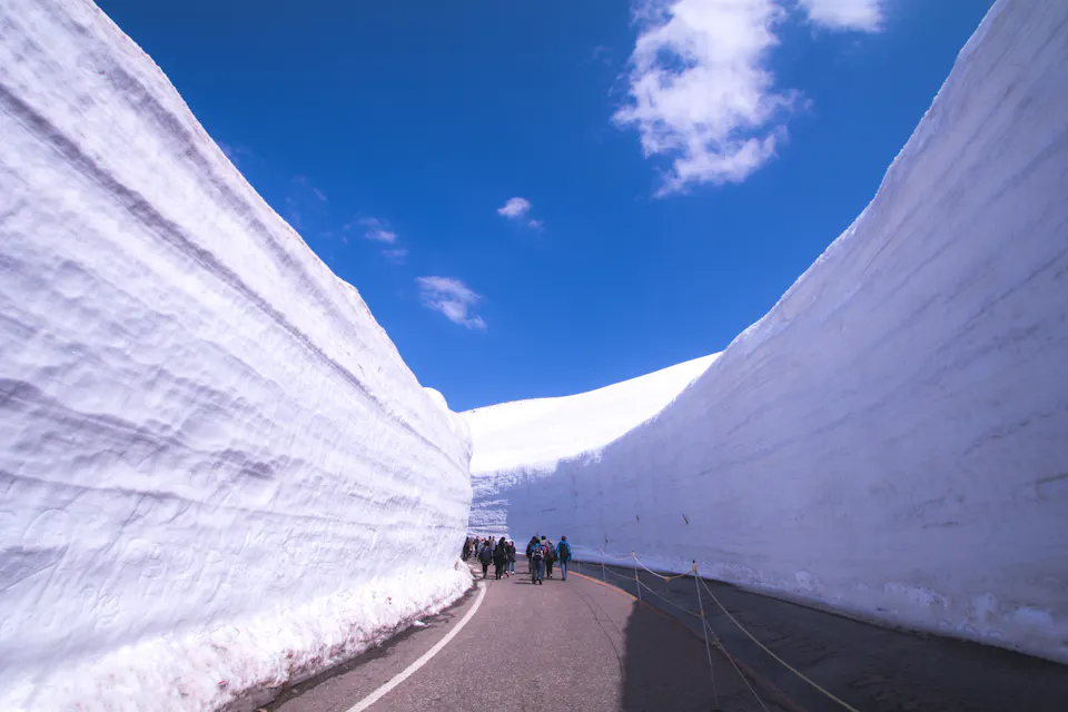 A group of people walk along a road flanked by tall snow walls under a clear blue sky. The path curves slightly, emphasizing the towering frozen barriers on each side.