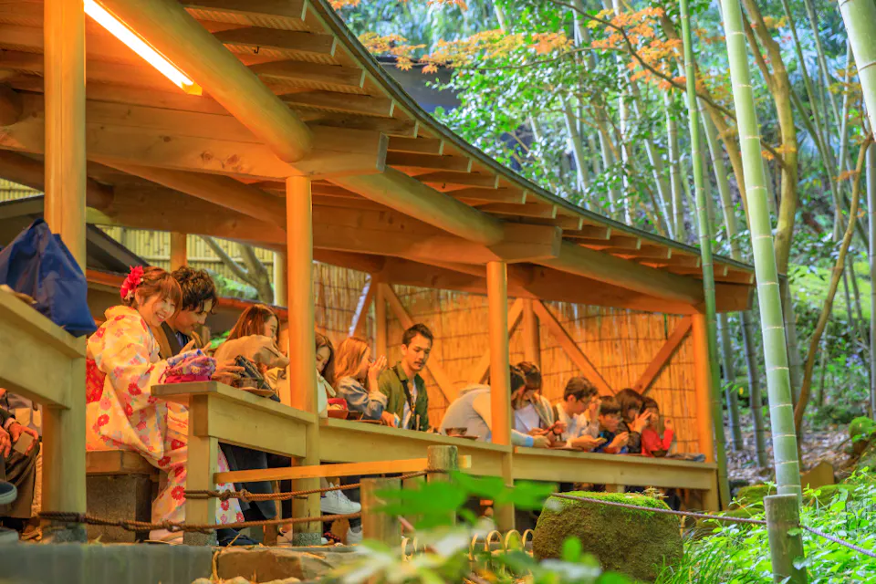 A group of people sit under a wooden pavilion in a lush bamboo forest. Some wear traditional clothing. The warm lighting and natural surroundings create a serene and peaceful atmosphere.