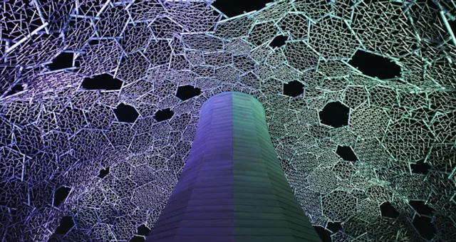 A tall, cylindrical structure stands beneath a large, intricate, web-like canopy illuminated with purple and blue lights against a dark night sky.
