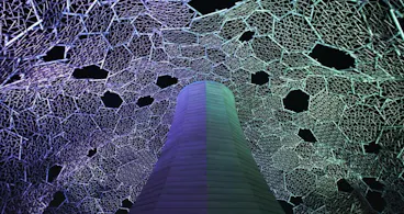 A tall, cylindrical structure stands beneath a large, intricate, web-like canopy illuminated with purple and blue lights against a dark night sky.