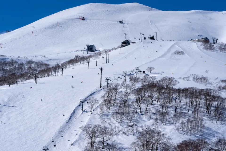 Snow-covered ski slopes with sparse trees and several ski lifts on a bright, clear day. Skiers and snowboarders are scattered across the slopes, and buildings are visible amid the white landscape. A large hill rises in the background.