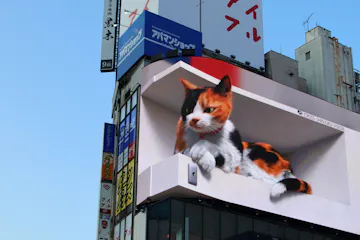 A large 3D digital billboard displays a realistic calico cat peeking out from a box, above a busy building with various colorful signs and advertisements in a city.