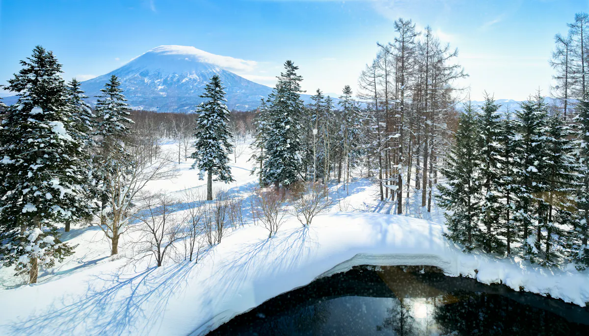 A snow-covered landscape with tall evergreen trees under a clear blue sky. A distant mountain rises in the background. In the foreground, a calm, partially frozen body of water reflects the surrounding scenery.