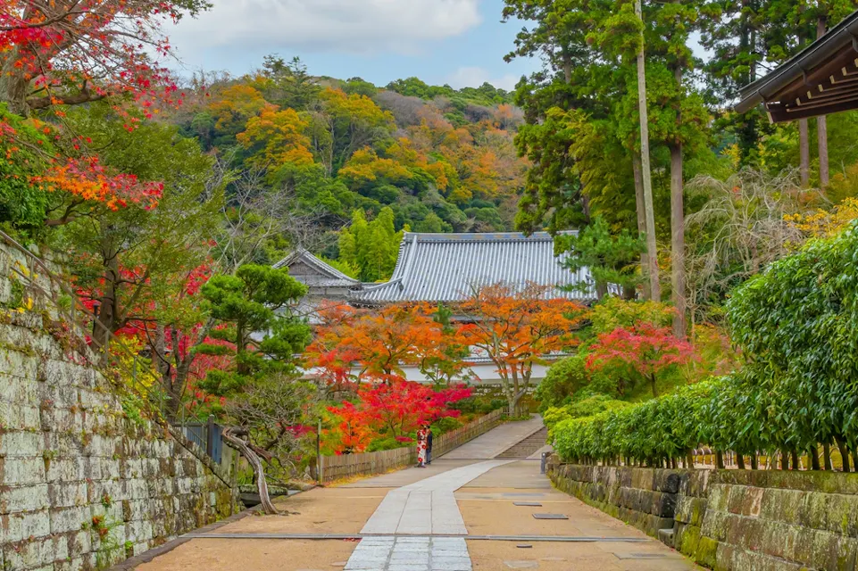 A serene pathway leads through vibrant autumn foliage, with red and orange leaves contrasting against green trees. Traditional Japanese architecture is visible in the background, nestled among rolling hills under a partly cloudy sky.