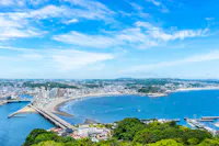 A scenic view of a coastal city with a curved shoreline, a long bridge, and boats docked nearby. The sky is clear with wispy clouds, and greenery is visible in the foreground, enhancing the vibrant landscape.