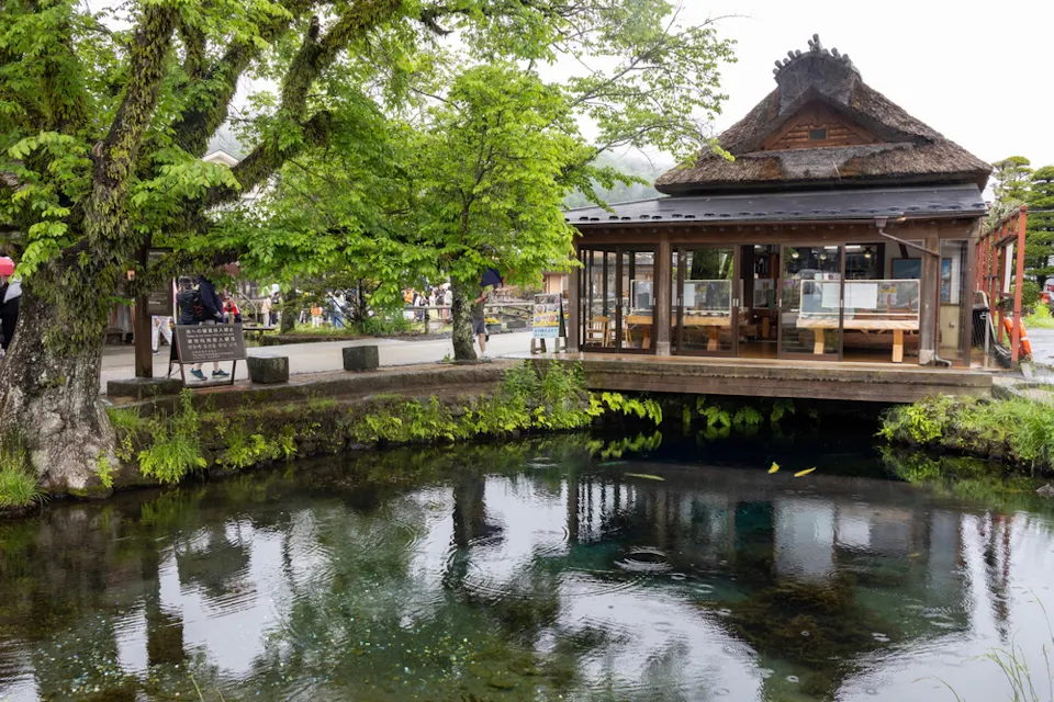 Planning Your Route A serene pond with clear water reflects the surrounding greenery and a traditional wooden thatched-roof building. The lush foliage of trees overhangs the pond, and visitors can be seen in the background exploring the scenic area.