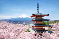 A traditional Japanese pagoda surrounded by vibrant cherry blossoms, with the majestic Mount Fuji in the background under a clear blue sky.