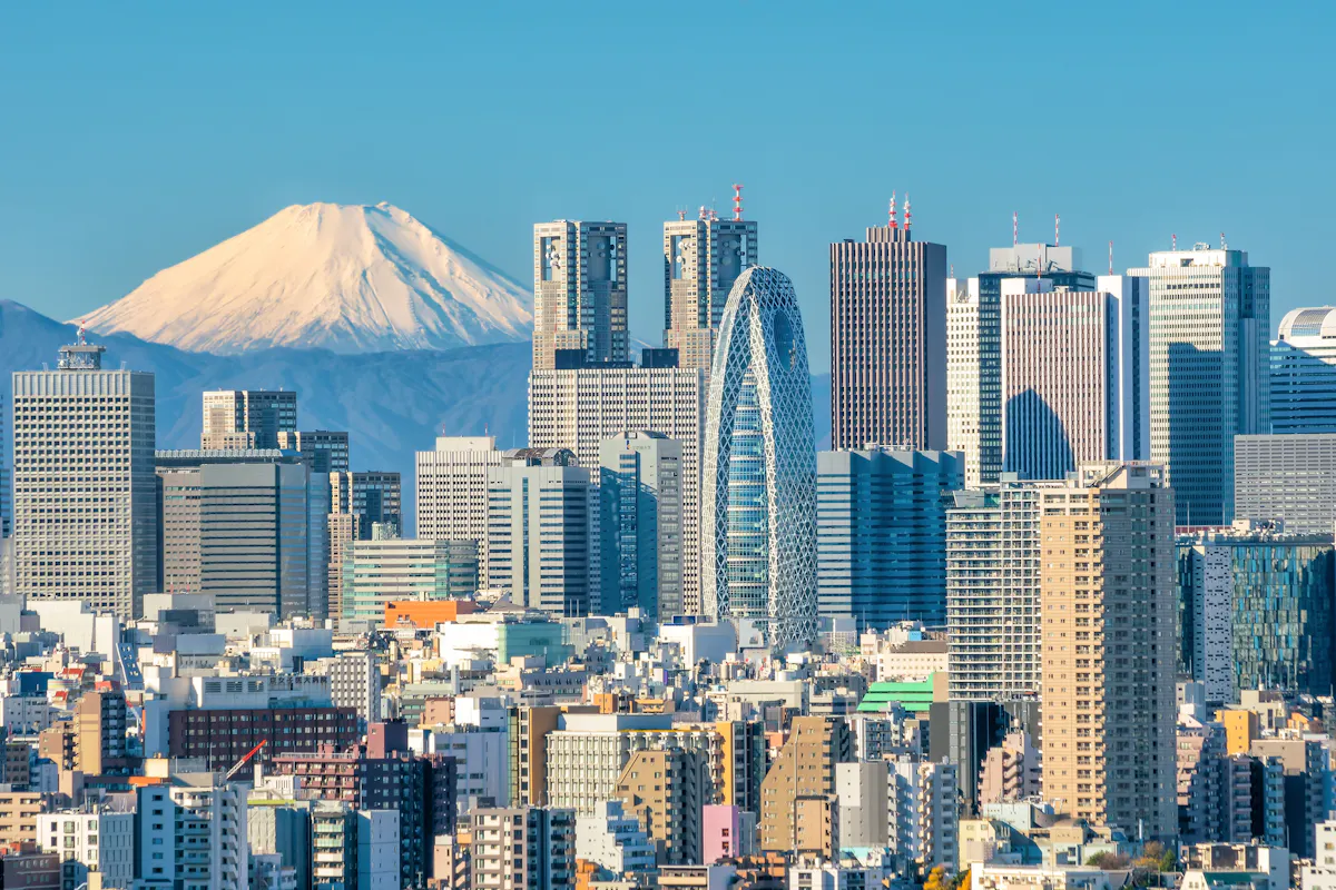 A city skyline with various tall buildings under a clear blue sky. A snow-capped mountain is prominently visible in the background, creating a striking contrast with the urban landscape.