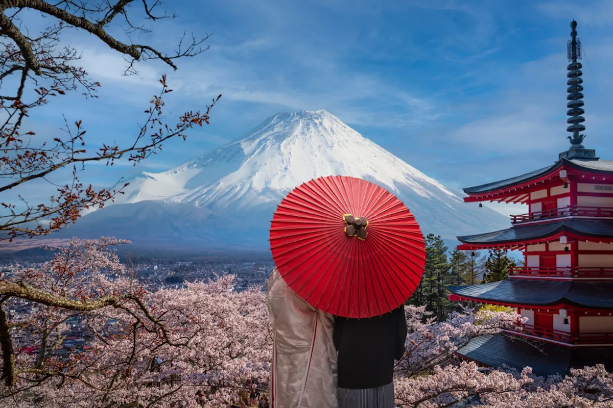 Can You See Mount Fuji from Tokyo? A couple stands under a red umbrella, facing Mount Fuji, surrounded by cherry blossoms. A traditional Japanese pagoda is on the right. The sky is clear and blue.