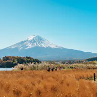 Why Explore Mount Fuji A scenic view of Mount Fuji under a clear blue sky. In the foreground, people walk through a golden field of tall grass beside a calm lake. Trees with autumn foliage line the background, enhancing the picturesque landscape.