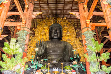 Large bronze Buddha statue sits in a wooden temple, surrounded by golden halo and ornate decorations, with green plants in the foreground and intricate carvings on the pillars behind.