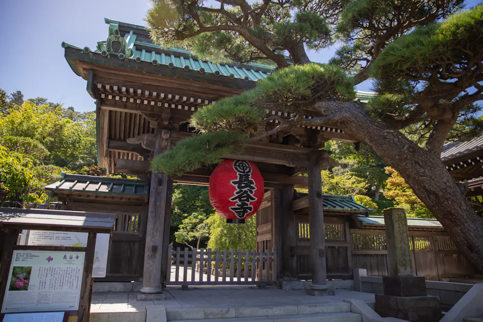 A traditional Japanese temple entrance with a large red lantern displaying Japanese characters. The gate is surrounded by green foliage and a tree with a twisted trunk, under a clear blue sky.