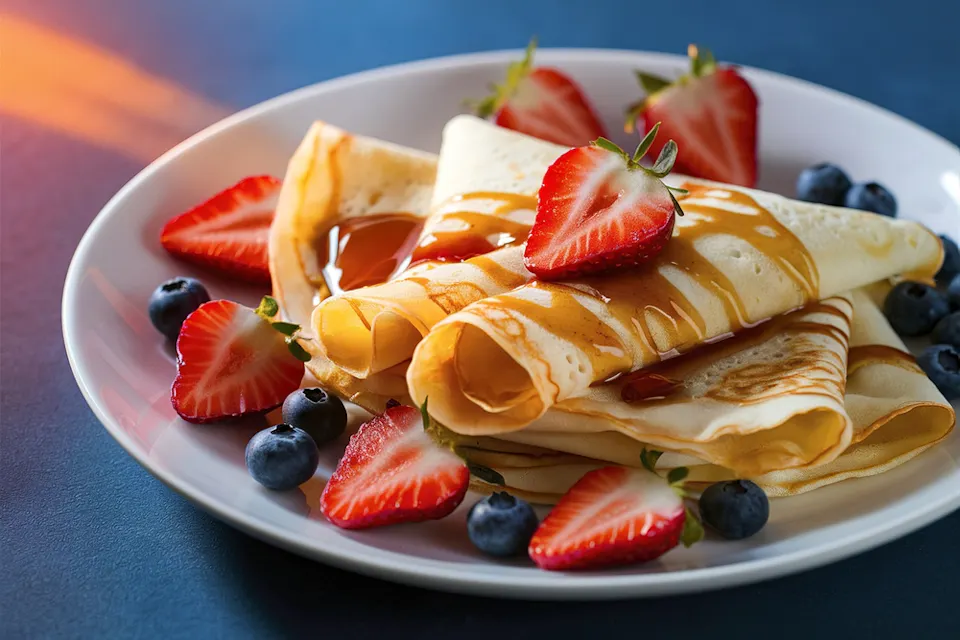 Fresh homemade crepes artfully arranged on a plate Fresh homemade crepes artfully arranged on a plate