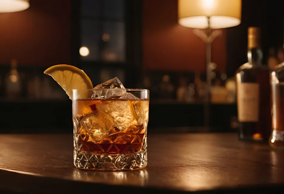 A crystal glass filled with a whiskey cocktail, ice cubes, and a lemon wedge, sits on a wooden bar counter. The background is softly lit with a warm glow from a lamp and blurred bottles visible on the shelves.