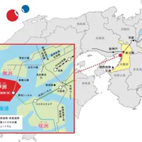 Expo 2025 Osaka map Map of Osaka Bay area highlighting access routes. Features cities and locations such as Kobe and Sakai with roads and transit lines. An inset map shows details of Maishima and Yumeshima. Text in Japanese.