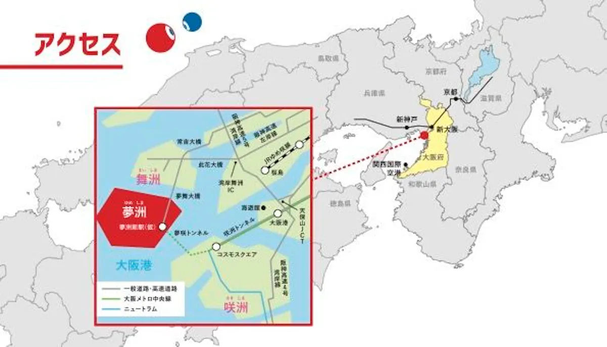 Map of Osaka Bay area highlighting access routes. Features cities and locations such as Kobe and Sakai with roads and transit lines. An inset map shows details of Maishima and Yumeshima. Text in Japanese.