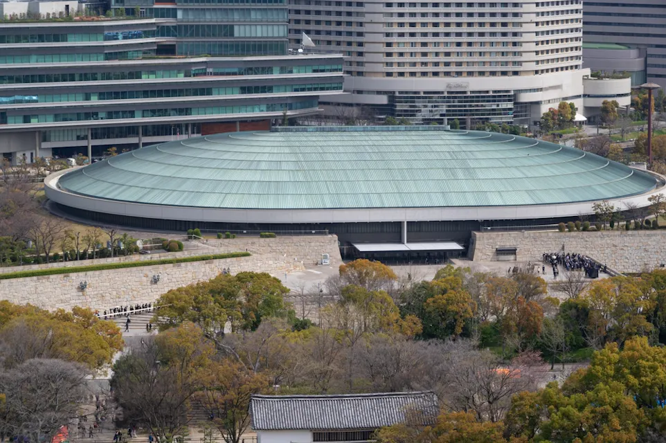 Aerial view of a large, circular building with a green, domed roof surrounded by trees and modern high-rise buildings. A line of people can be seen near the entrance.