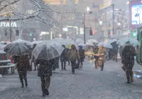 People walk down a snowy city street holding transparent umbrellas. The ground and trees are covered in snow, and buildings are faintly visible in the background. The scene captures a bustling urban environment during a snowstorm.