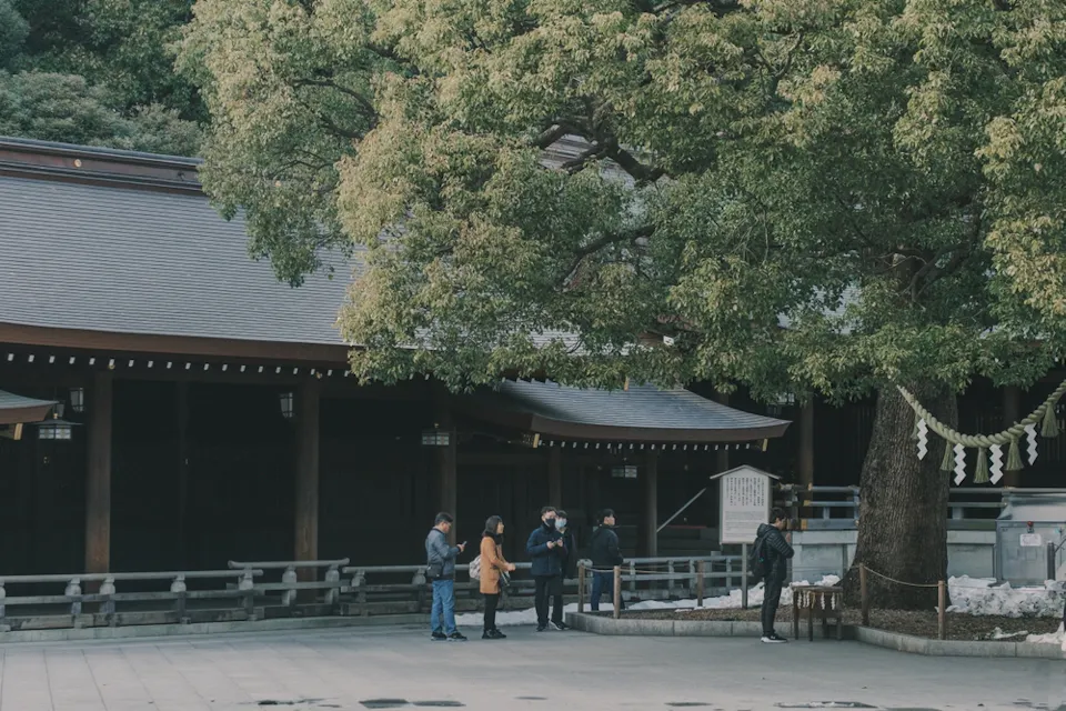 A group of people stand in front of a traditional Japanese wooden temple and a large tree. The area is peaceful, with ropes and paper streamers decorating the tree. The scene captures a moment of quiet reflection.