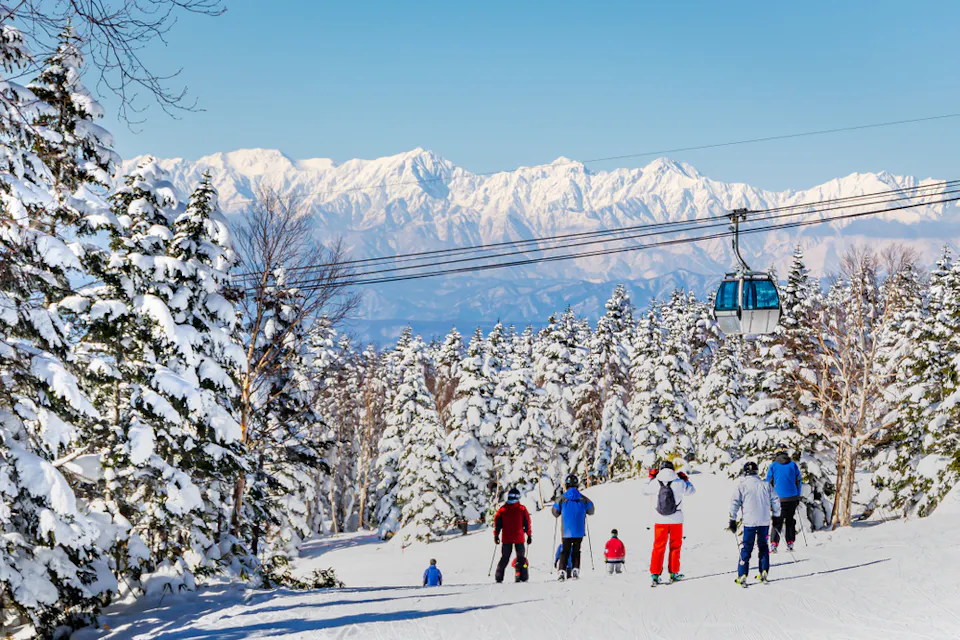 Skiers and snowboarders descend a snowy slope lined with snow-covered trees. A ski lift gondola moves overhead. In the background, majestic, sunlit mountains under a clear blue sky complete the scenic winter landscape.
