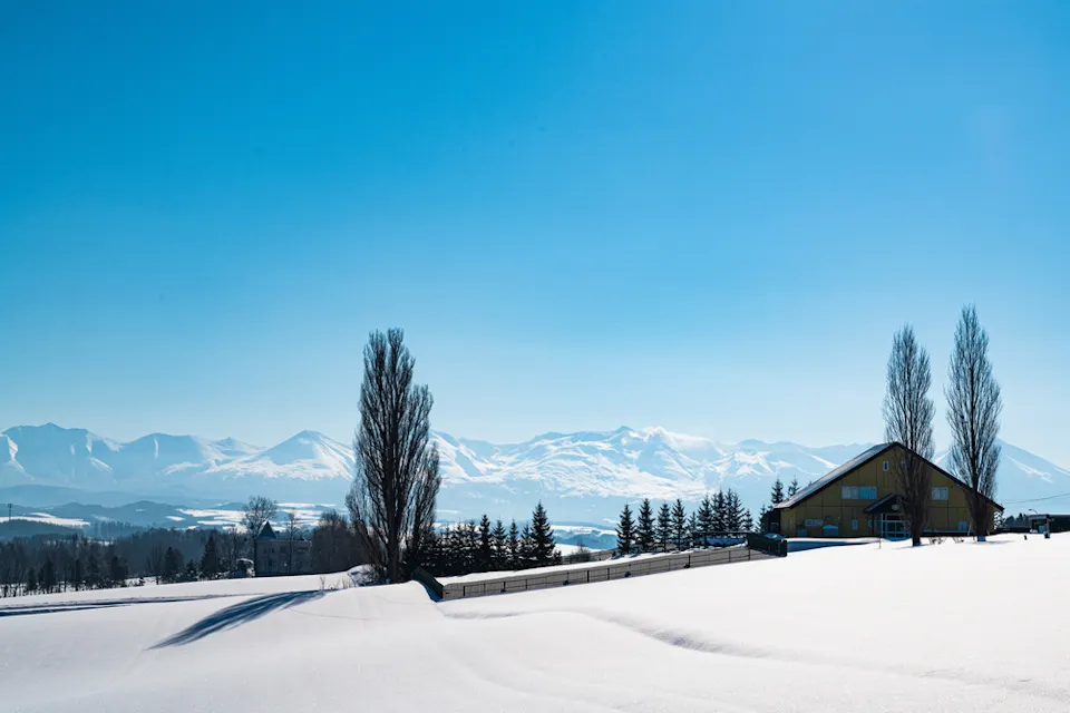 A snowy landscape with a cabin and tall trees under a clear blue sky. In the background, a range of snow-capped mountains stretches across the horizon.