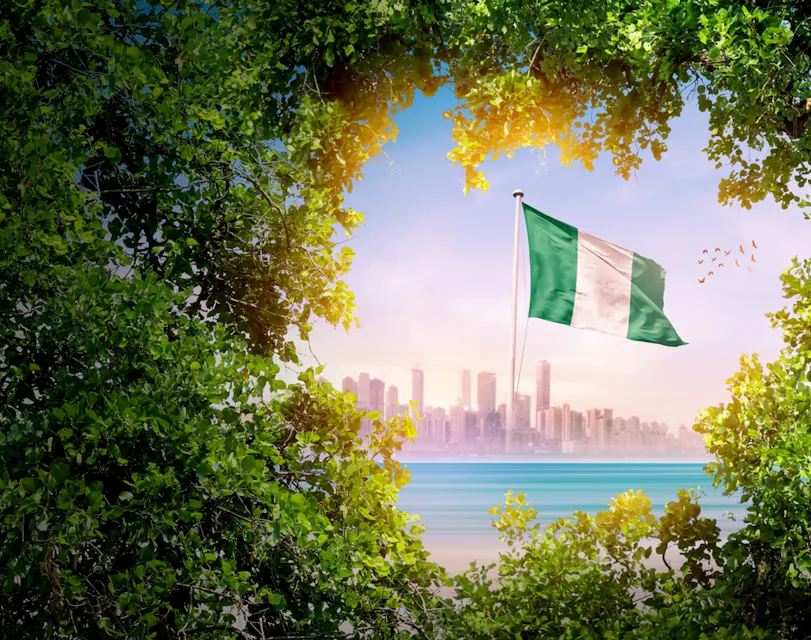 A Nigerian flag is prominently displayed, surrounded by lush green foliage. In the background, a distant city skyline is visible under a bright, partly cloudy sky. Birds fly above the ocean, adding to the scene's serene atmosphere.