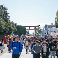 Kamakura Shrine Guide A lively crowd walks along a pathway lined with trees, leading to a large red torii gate in the background. Vendor stalls with colorful signs are on both sides, and the sky is clear and bright.