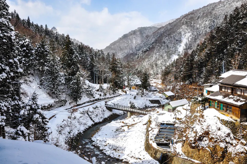 A snowy mountain landscape with a river winding through a forest. A quaint village with traditional houses, some with snow-covered roofs, is visible. A small bridge crosses the river, and tall mountains are in the background under a partly cloudy sky.