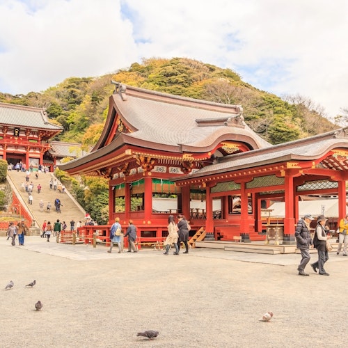 Tsurugaoka Hachimangu Shrine A traditional Japanese shrine with ornate red and white wooden structures is set against a backdrop of lush greenery. People are walking and exploring the temple grounds, and pigeons are on the foreground near the gravel path.