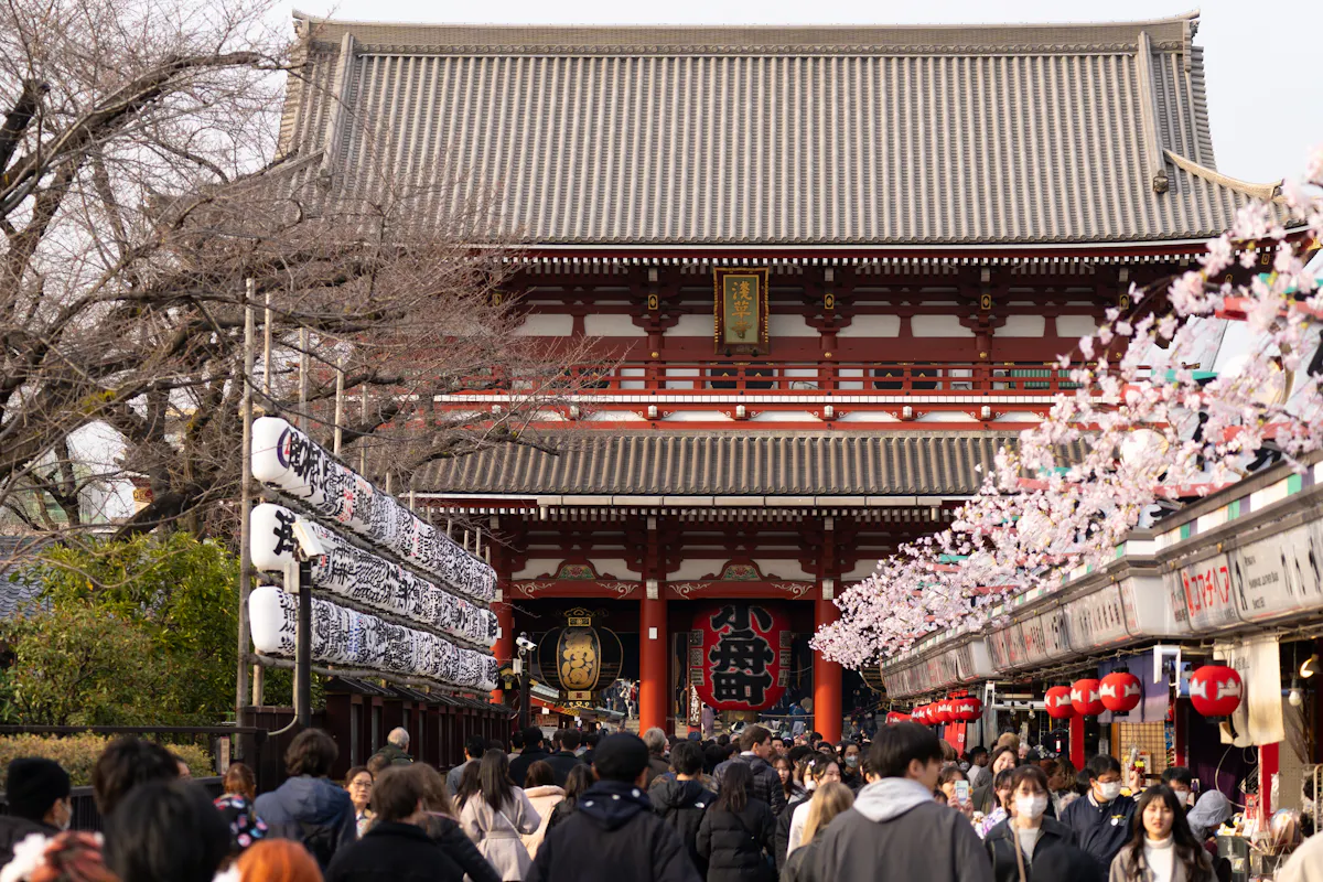 A bustling crowd walks towards a traditional Japanese temple, with lanterns and cherry blossom decorations lining the path. The temple's grand facade features intricate designs, and bare trees are visible on the side.