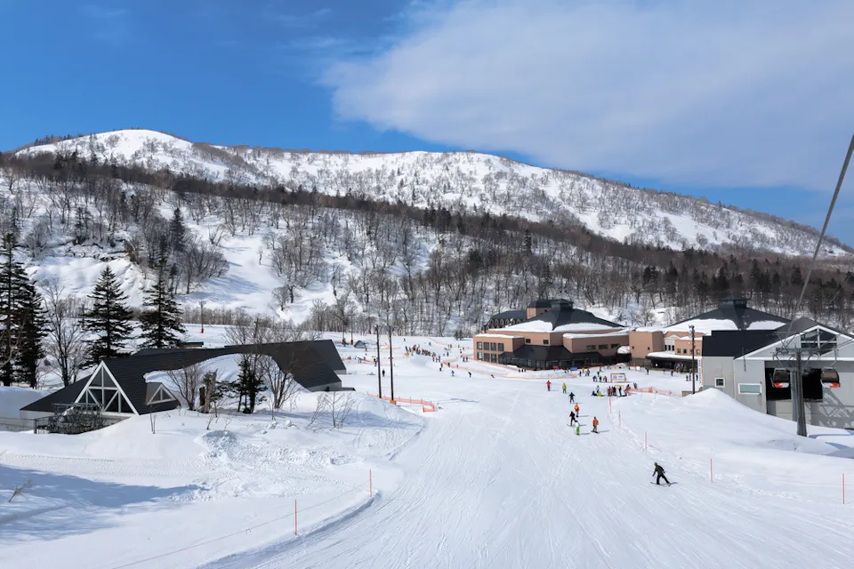 A snowy ski resort with people skiing and snowboarding down the slopes. Buildings with peaked roofs are scattered in the foreground, while a mountain with bare trees is visible under a bright blue sky.
