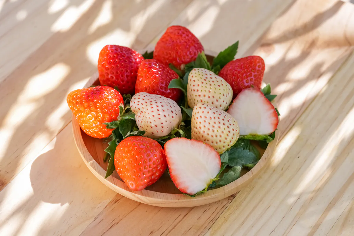 A wooden plate on a light wooden table holds an arrangement of ripe red and pale white strawberries, some of which are halved, with leaves still attached. Dappled sunlight creates patterns of shadows on the surface.