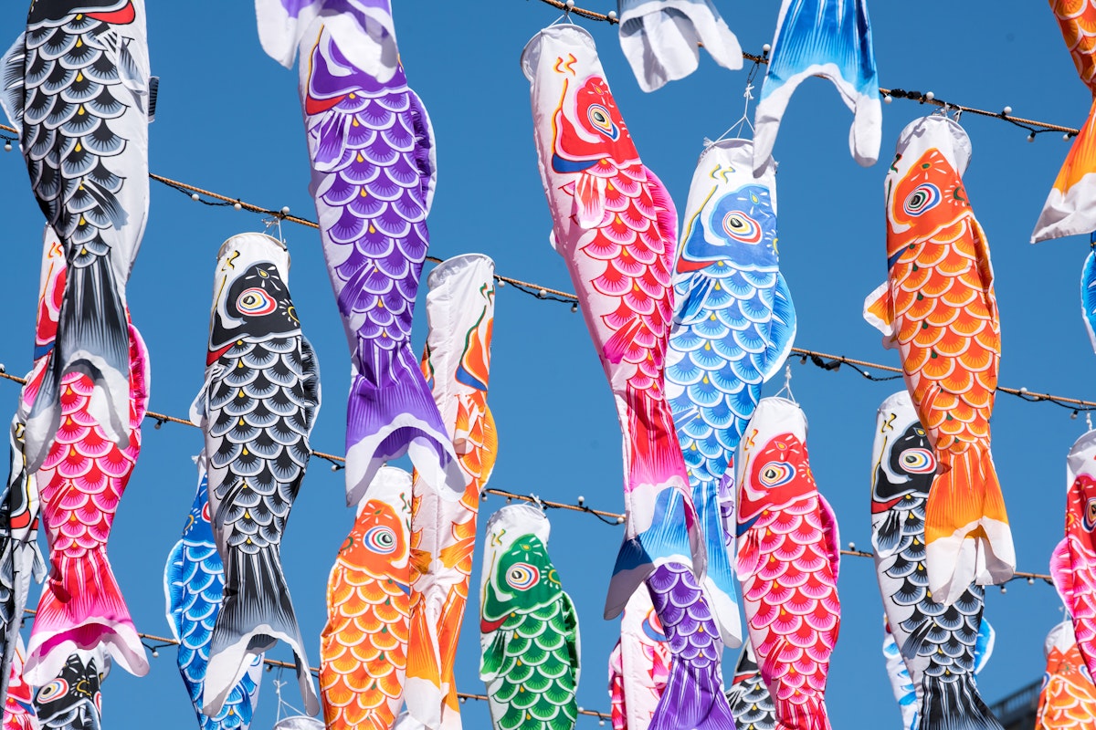 Golden Week in Japan Colorful carp-shaped windsocks, also known as koinobori, are hanging against a clear blue sky. The vibrant fish are in various colors, including purple, blue, red, and orange, creating a festive and lively atmosphere.