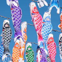 Golden Week in Japan Colorful carp-shaped windsocks, also known as koinobori, are hanging against a clear blue sky. The vibrant fish are in various colors, including purple, blue, red, and orange, creating a festive and lively atmosphere.