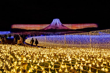 A vibrant night scene showing a large field of illuminated lights, with warm yellow bulbs in the foreground and cool blue tones further back. In the background, a light display resembling a mountain is visible against the dark sky.