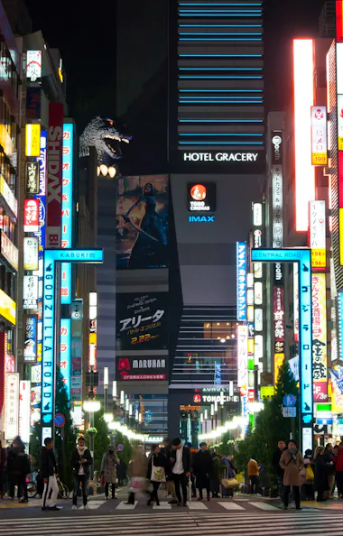 Kabukicho A busy street in Tokyo at night, filled with crowds of people and lined with bright, colorful neon signs in Japanese. A large Godzilla figure is visible on a building in the background above the “Hotel Gracery” sign.
