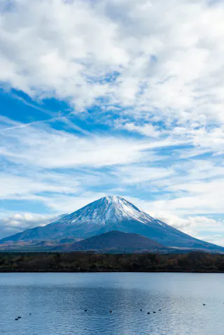 A snow-capped mountain rises under a partly cloudy blue sky, with a calm lake and a few ducks in the foreground.