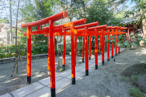 A row of bright red torii gates lines a stone path in a lush Japanese garden, with greenery surrounding the pathway and sunlight filtering through the trees.