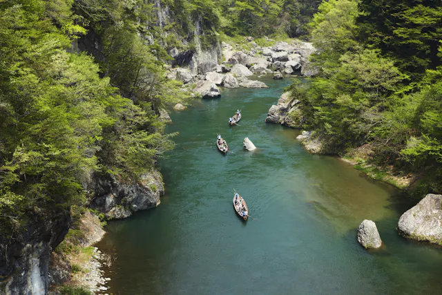 A river winds through a forested canyon, with several wooden boats carrying people gently floating downstream between rocky banks and lush green trees.