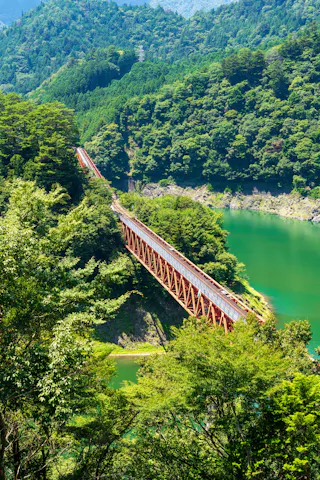 A red train crosses a long steel bridge over a green river, surrounded by lush, forested mountains under a bright, clear sky.