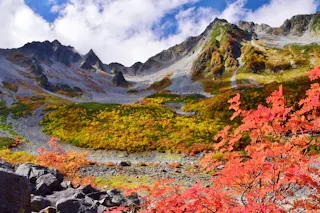 Colorful autumn foliage with vivid red, yellow, and green trees covers a valley at the base of rocky, jagged mountains under a partly cloudy sky. Bright red leaves are prominent in the foreground.