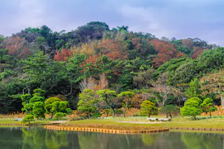 A serene Japanese garden with a calm pond, manicured trees, and lush green foliage. Autumn colors appear in the background forest, and a small wooden dock extends into the water under a cloudy sky.