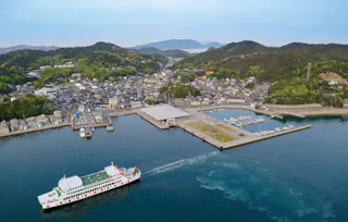 Aerial view of a ferry approaching a dock in a coastal town surrounded by green hills, with boats moored at a marina and buildings scattered along the shoreline.