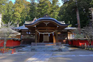 Traditional Japanese Shinto shrine with a curved roof, wooden structure, and steps leading to the entrance, surrounded by tall trees and red fences on either side.
