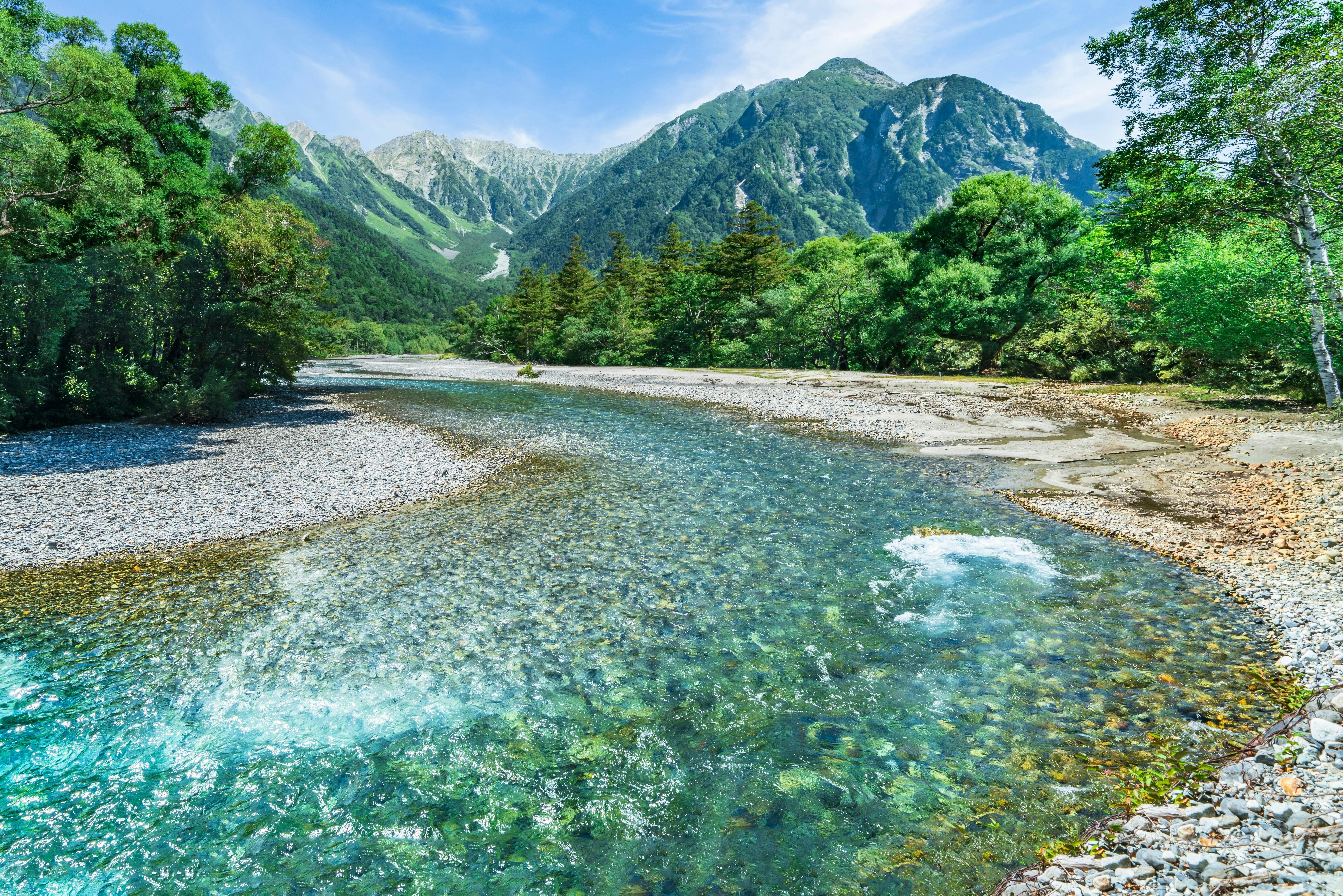 A clear, shallow river flows through a rocky, pebbled riverbed bordered by lush green trees, with tall forested mountains rising in the background under a bright blue sky.