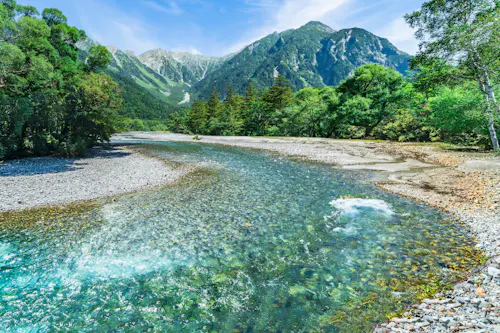 A clear, shallow river flows through a rocky, pebbled riverbed bordered by lush green trees, with tall forested mountains rising in the background under a bright blue sky.