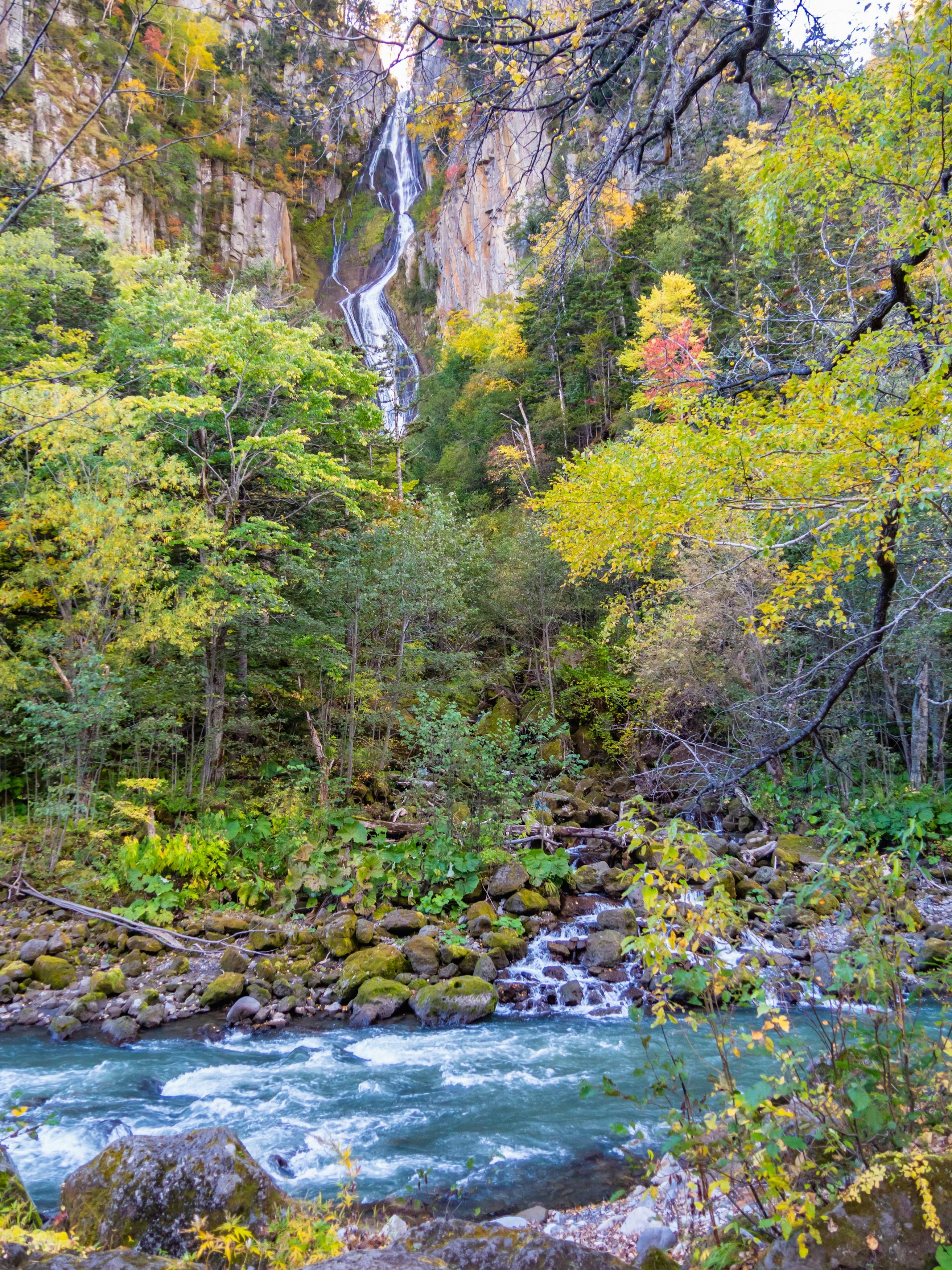 A tall waterfall cascades down a rocky cliff surrounded by dense, colorful autumn trees, with a clear, fast-flowing river and mossy rocks in the foreground.